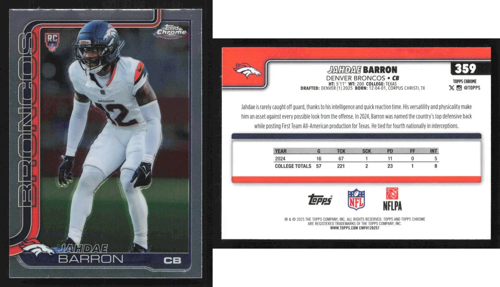 2025 Topps Chrome JAHDAE BARRON #359 Denver Broncos RC - Football Card Single