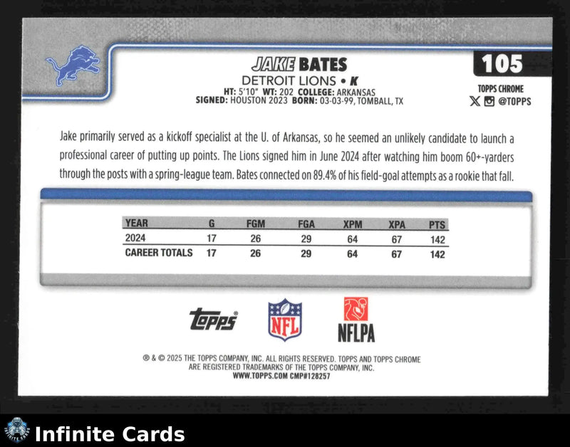 2025 Topps Chrome JAKE BATES #105 Chrome Detroit Lions RC - Football Card Single