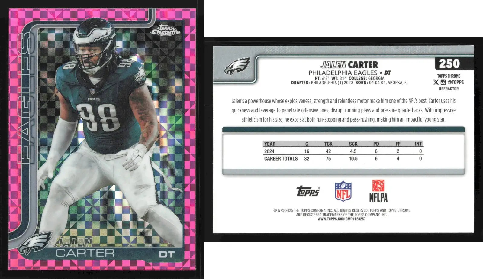 2025 Topps Chrome JALEN CARTER #250 Hot Pink X-Fractor Philadelphia Eagles - Football Card Single