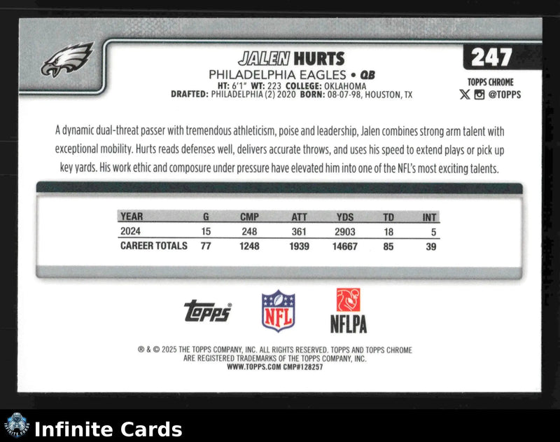 2025 Topps Chrome JALEN HURTS #247 Philadelphia Eagles - Football Card Single