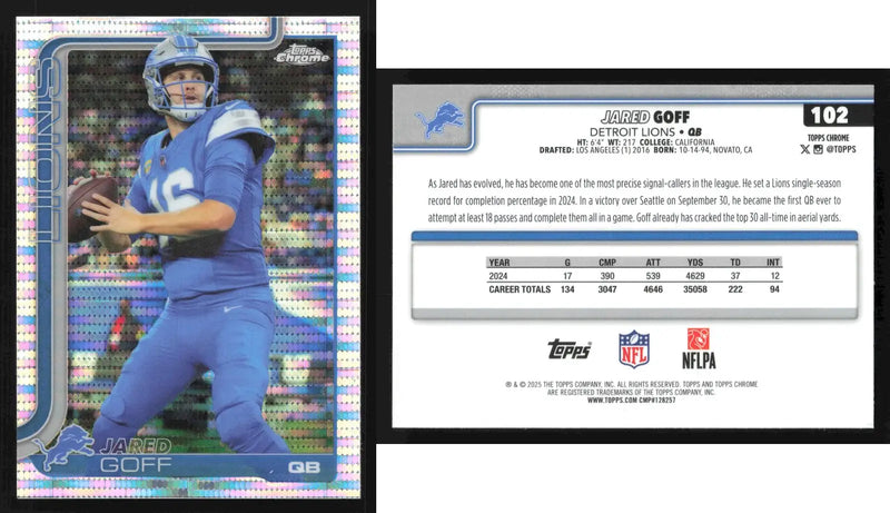 2025 Topps Chrome JARED GOFF #102 Pulsar Refractor Detroit Lions - Football Card Single