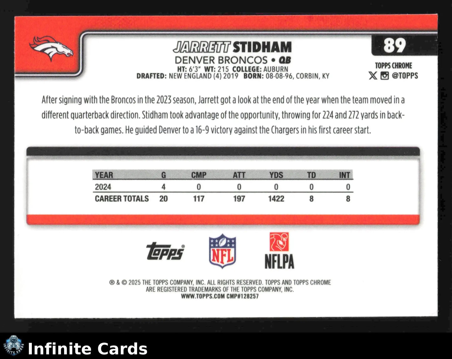 2025 Topps Chrome JARRETT STIDHAM #89 Denver Broncos - Football Card Single