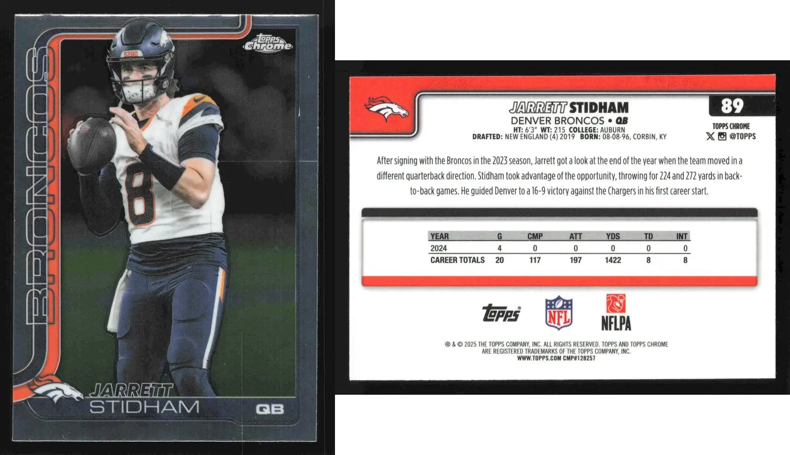 2025 Topps Chrome JARRETT STIDHAM #89 Denver Broncos - Football Card Single