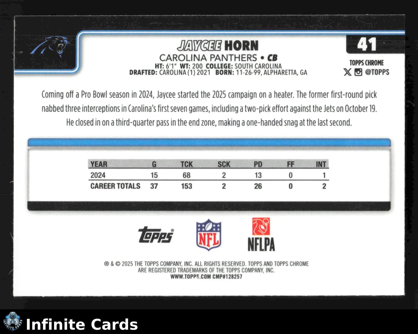 2025 Topps Chrome JAYCEE HORN #41 Carolina Panthers - Football Card Single
