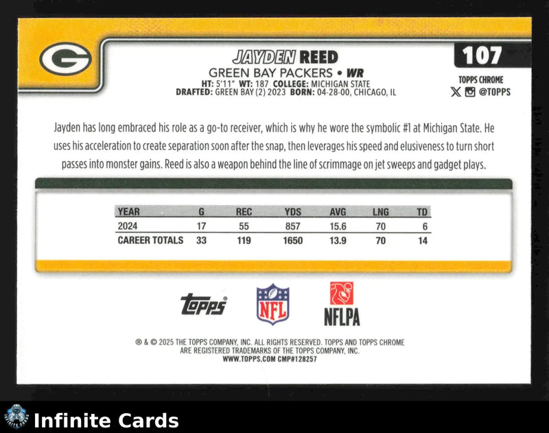 2025 Topps Chrome JAYDEN REED #107 Green Bay Packers - Football Card Single