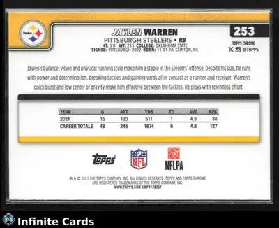 2025 Topps Chrome JAYLEN WARREN #253 Hot Pink X-Fractor Pittsburgh Steelers - Football Card Single