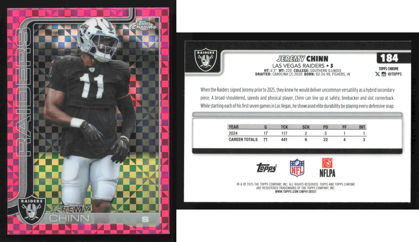2025 Topps Chrome JEREMY CHINN #184 Hot Pink X-Fractor Las Vegas Raiders - Football Card Single