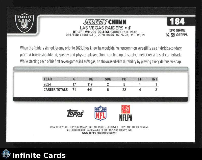 2025 Topps Chrome JEREMY CHINN #184 Hot Pink X-Fractor Las Vegas Raiders - Football Card Single