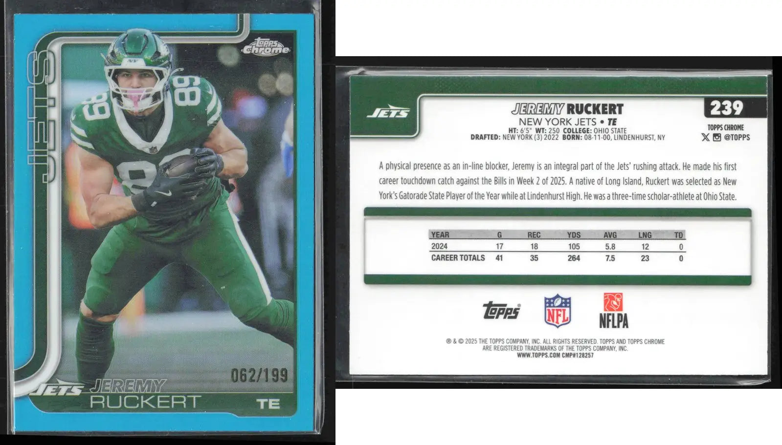 2025 Topps Chrome JEREMY RUCKERT #239 Aqua Refractor #/199 New York Jets - Football Card Single