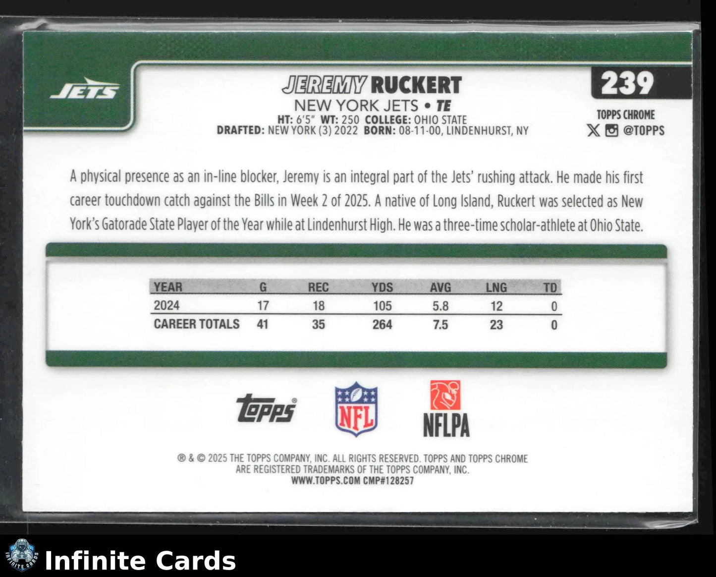 2025 Topps Chrome JEREMY RUCKERT #239 Aqua Refractor #/199 New York Jets - Football Card Single