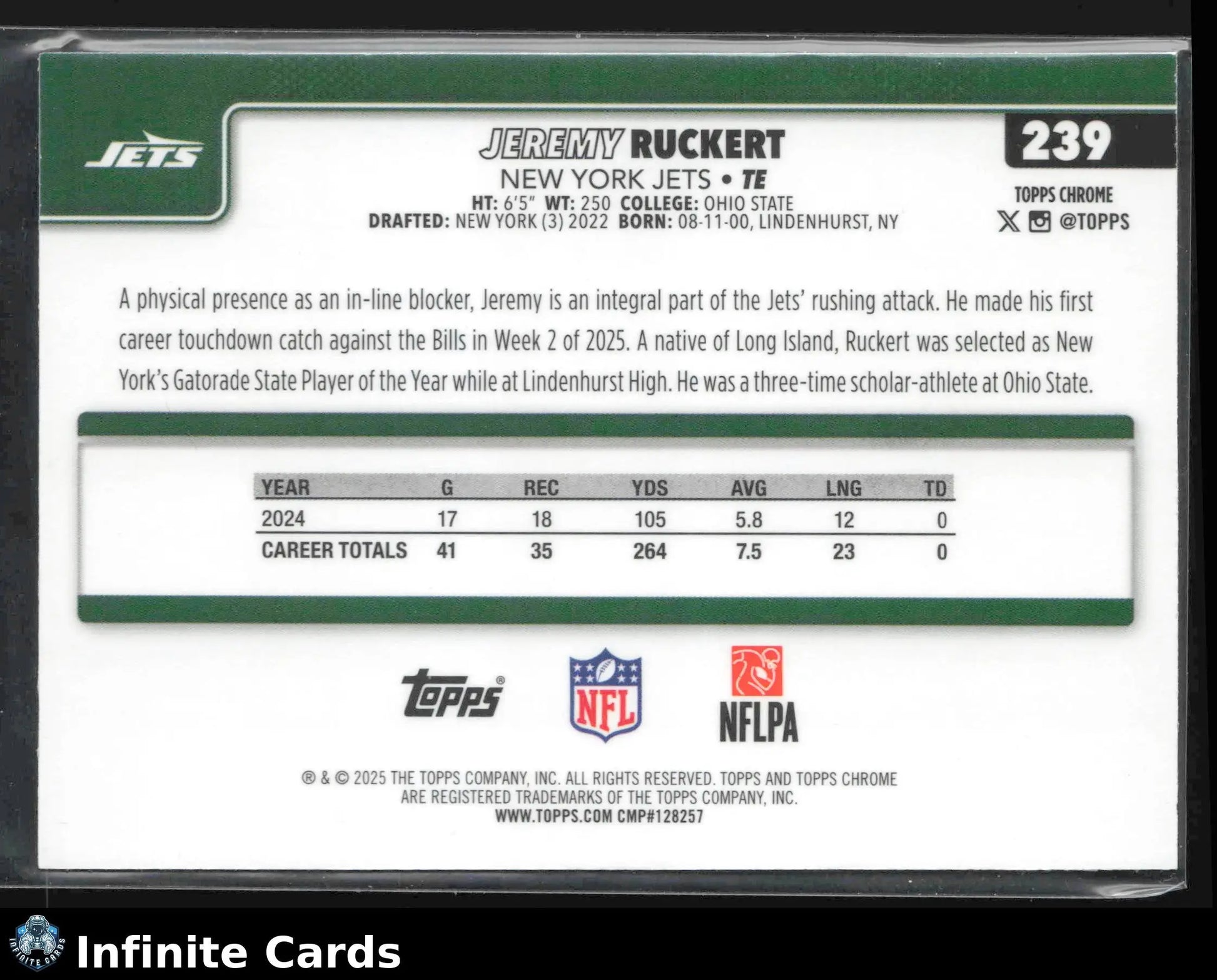 2025 Topps Chrome JEREMY RUCKERT #239 Aqua Refractor #/199 New York Jets - Football Card Single