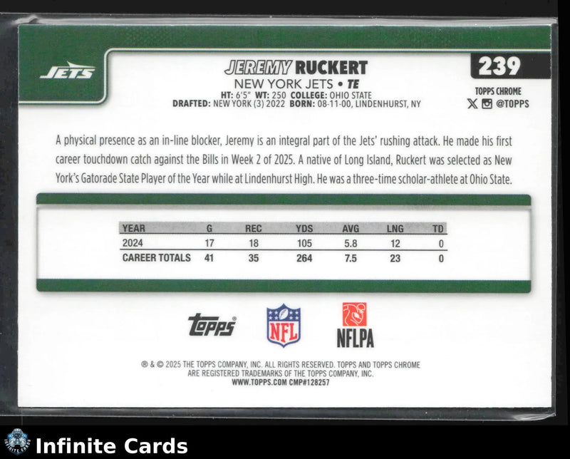 2025 Topps Chrome JEREMY RUCKERT #239 Aqua Refractor #/199 New York Jets - Football Card Single