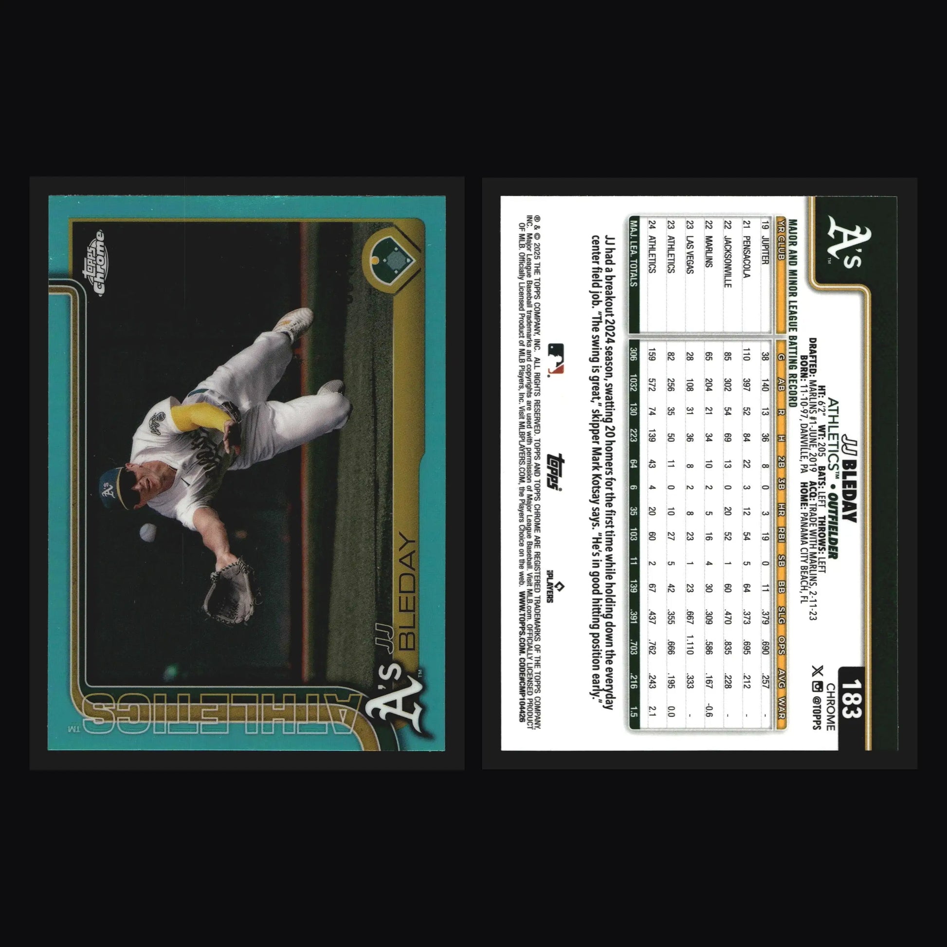 2025 Topps Chrome JJ Bleday #183 Aqua Refractor /199 Athletics - Baseball Card Single