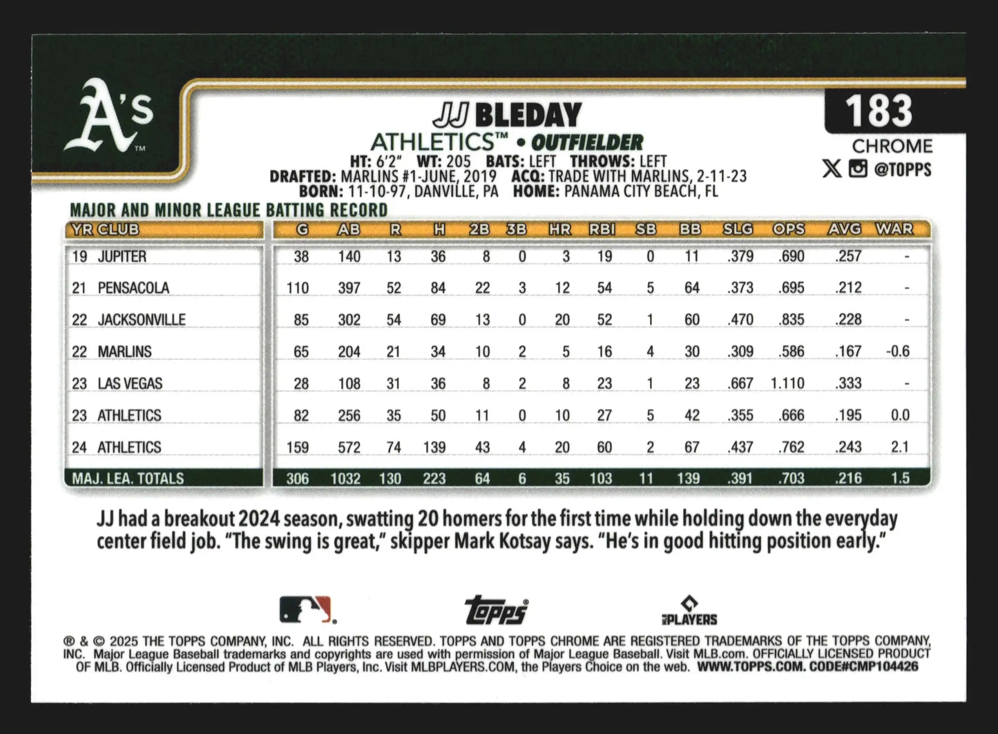 2025 Topps Chrome JJ Bleday #183 Aqua Refractor /199 Athletics - Baseball Card Single