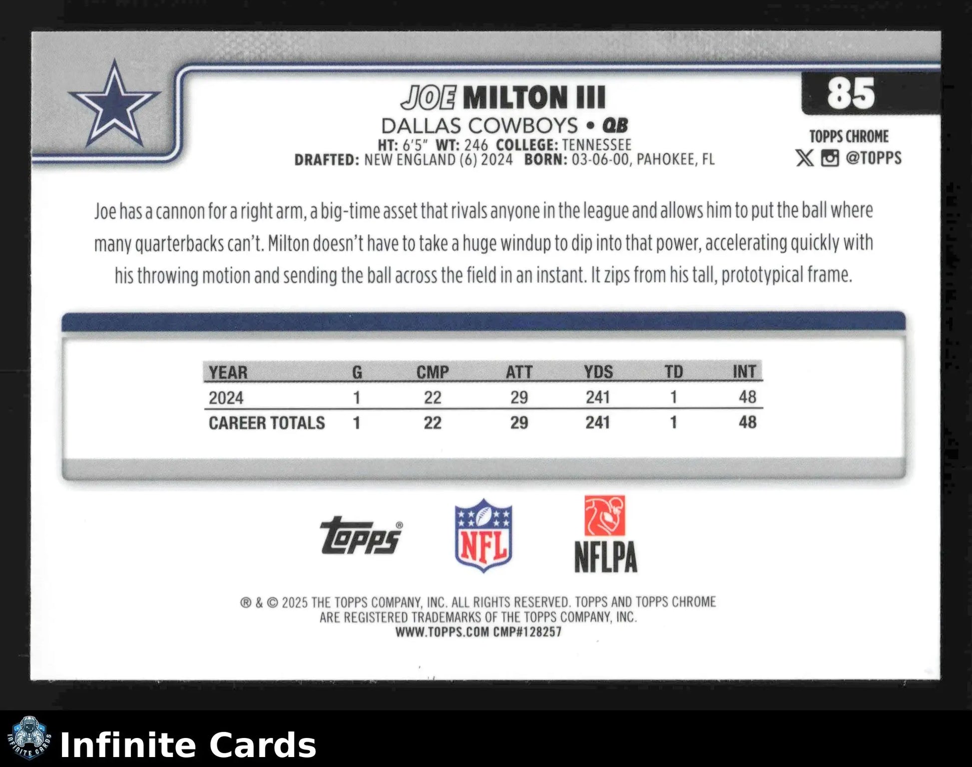 2025 Topps Chrome JOE MILTON III #85 X-Fractor Dallas Cowboys - Football Card Single