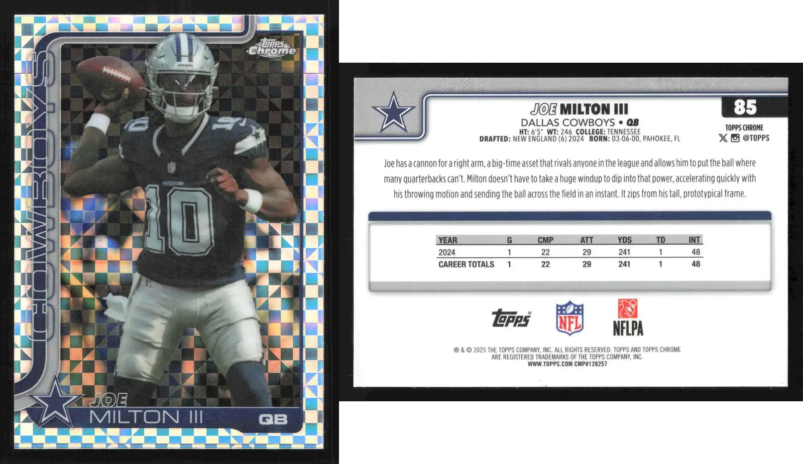 2025 Topps Chrome JOE MILTON III #85 X-Fractor Dallas Cowboys - Football Card Single