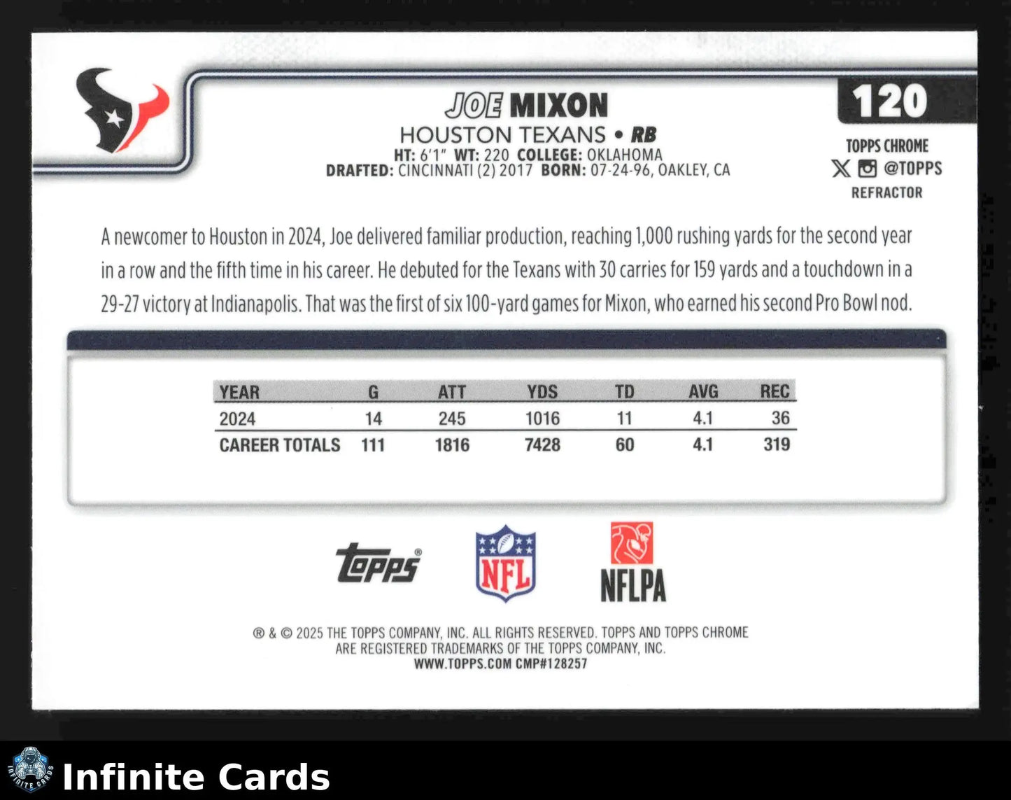 2025 Topps Chrome JOE MIXON #120 Refractor Houston Texans - Football Card Single