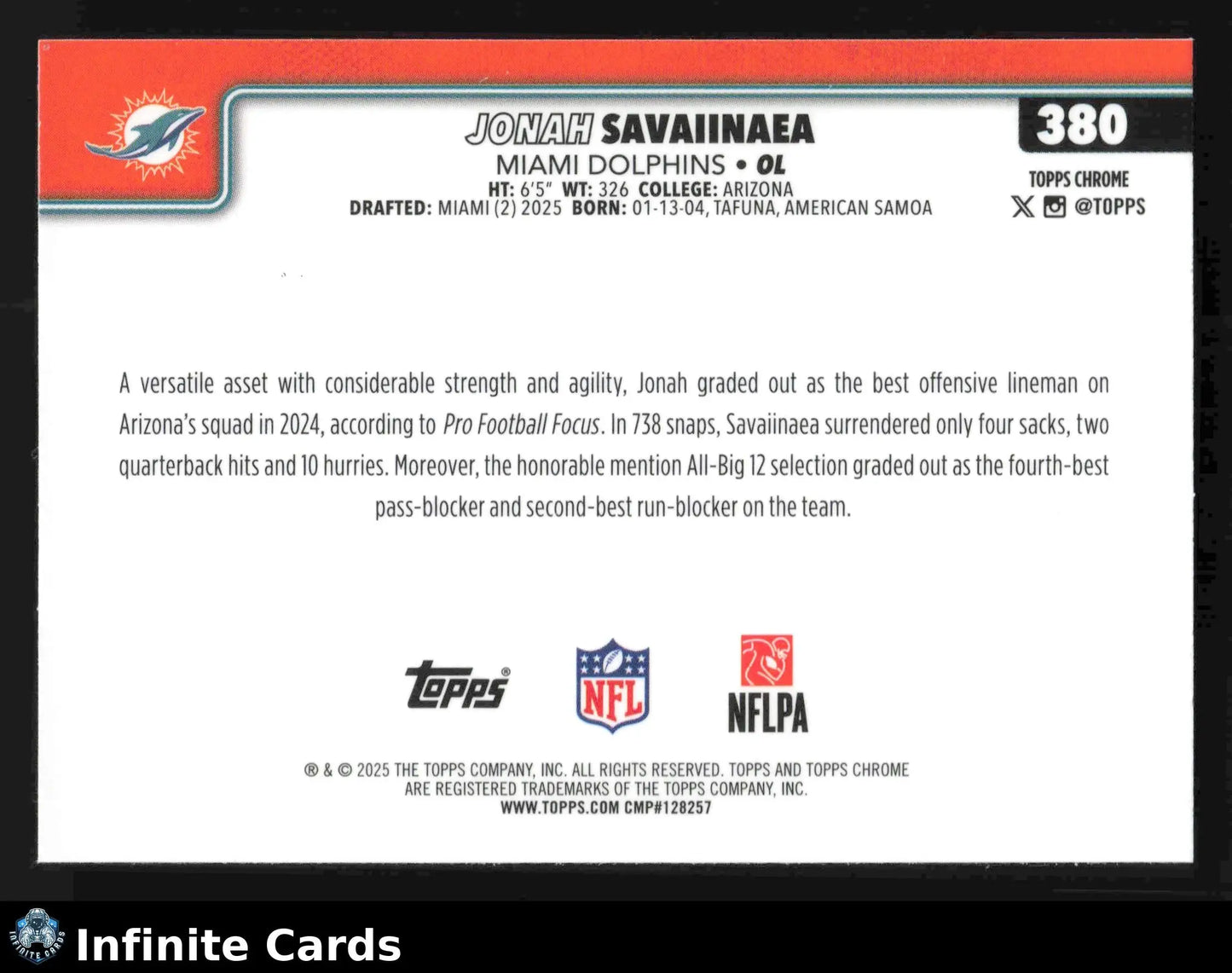 2025 Topps Chrome JONAH SAVAIINAEA #380 X-Fractor Miami Dolphins RC - Football Card Single