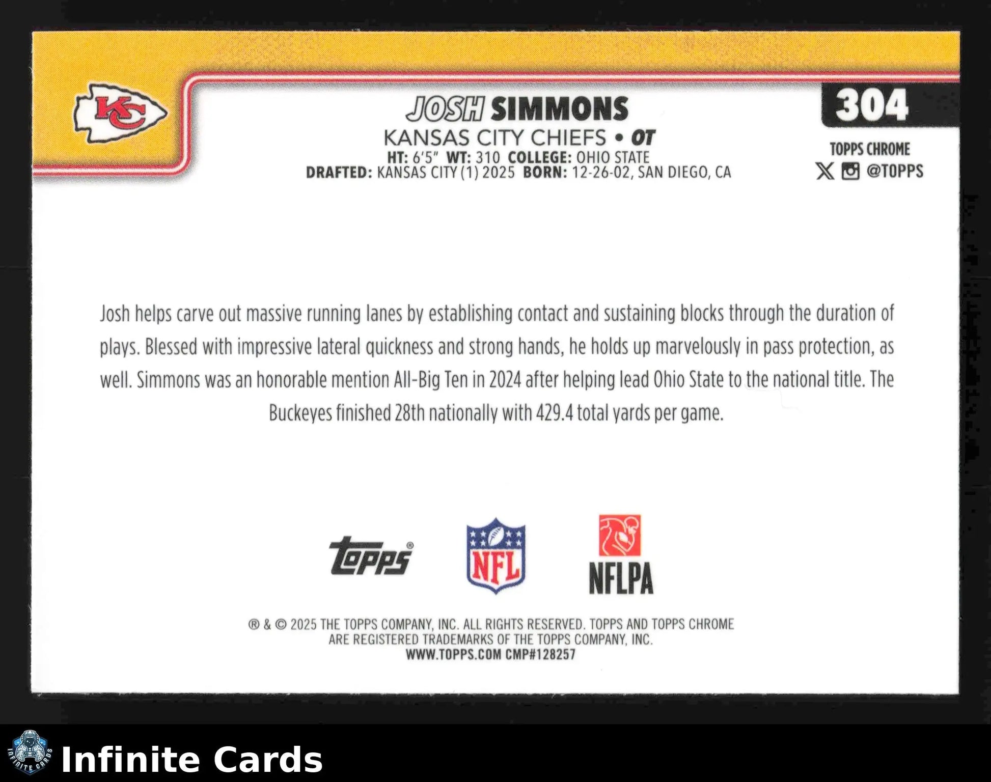 2025 Topps Chrome JOSH SIMMONS #304 Kansas City Chiefs RC - Football Card Single