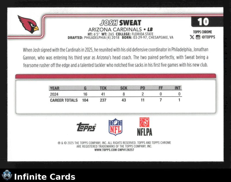 2025 Topps Chrome JOSH SWEAT #10 Arizona Cardinals - Football Card Single