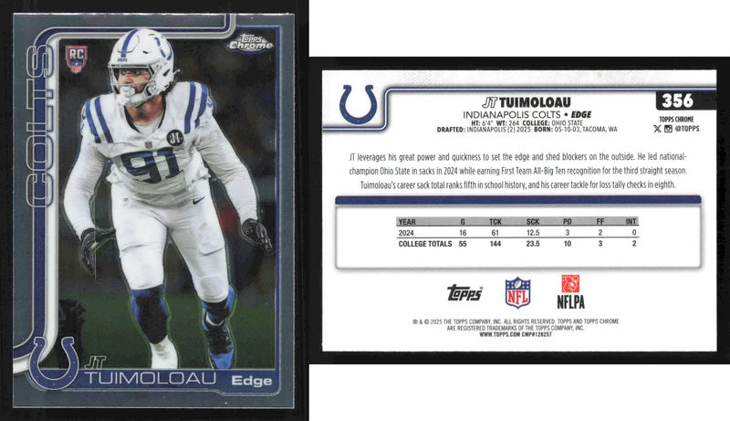 2025 Topps Chrome JT TUIMOLOAU #356 Indianapolis Colts RC - Football Card Single