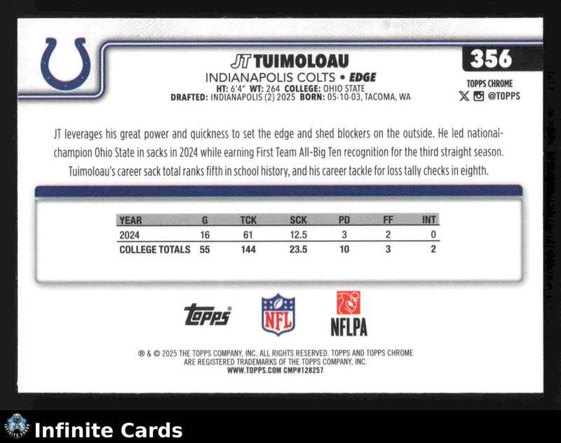 2025 Topps Chrome JT TUIMOLOAU #356 Indianapolis Colts RC - Football Card Single