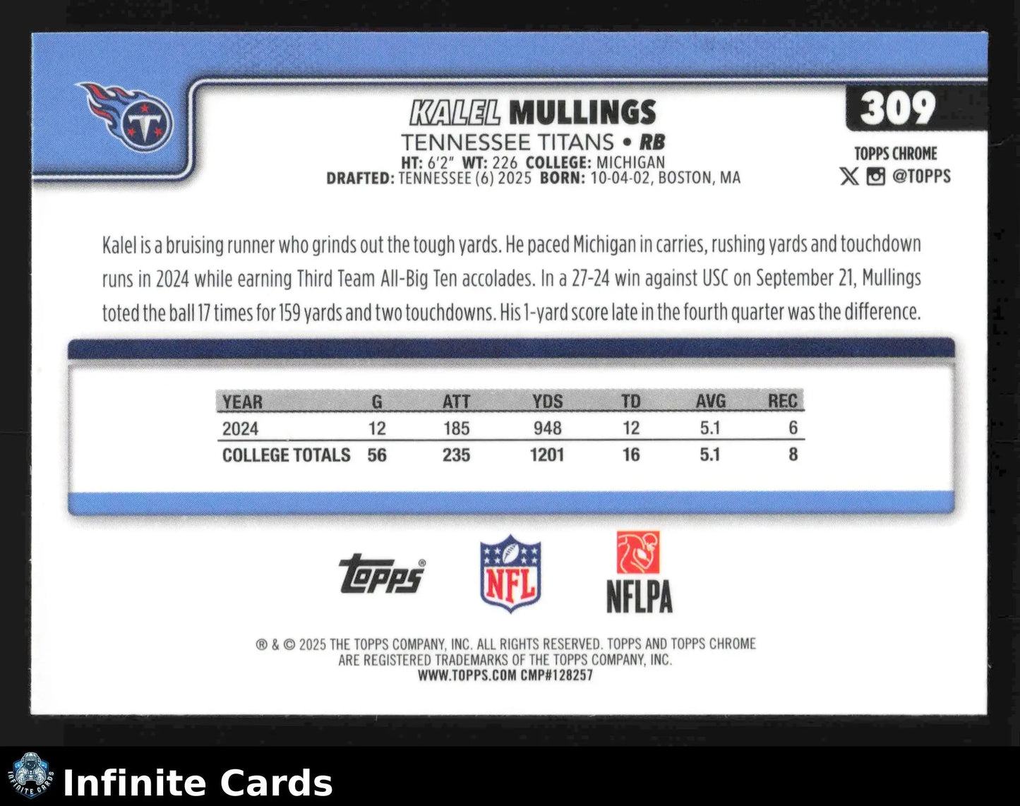 2025 Topps Chrome KALEL MULLINGS #309 Tennessee Titans RC - Football Card Single