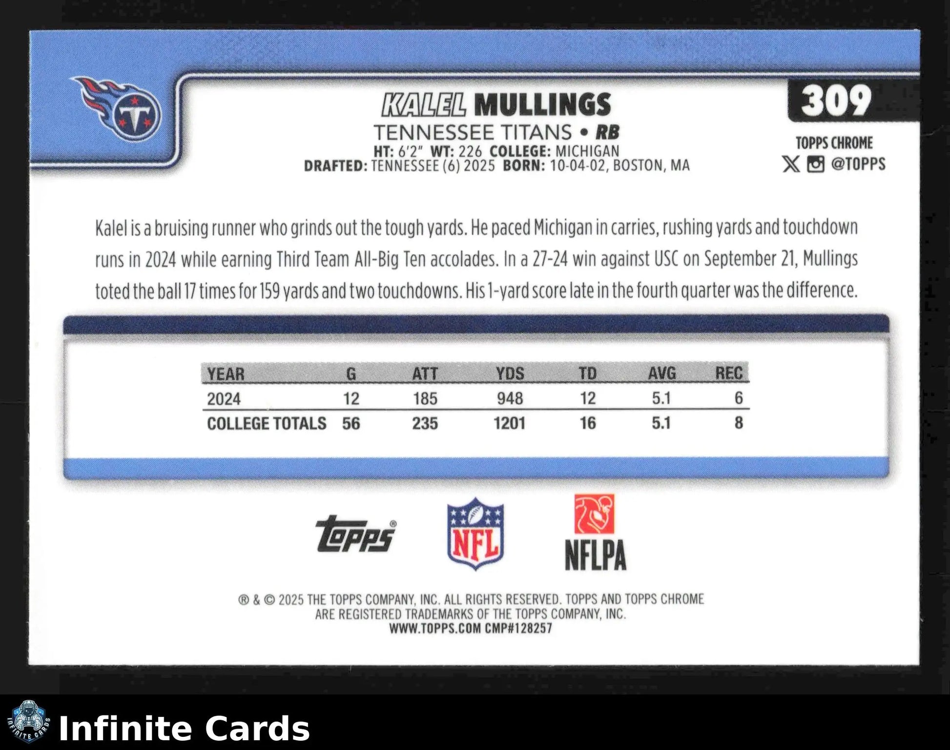 2025 Topps Chrome KALEL MULLINGS #309 Tennessee Titans RC - Football Card Single