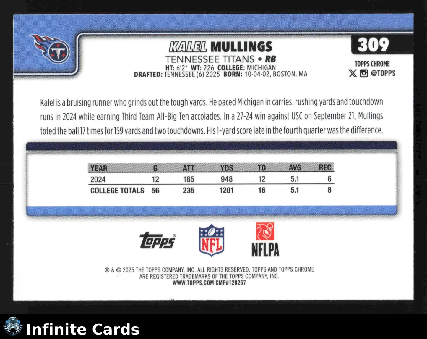 2025 Topps Chrome KALEL MULLINGS #309 X-Fractor Tennessee Titans RC - Football Card Single