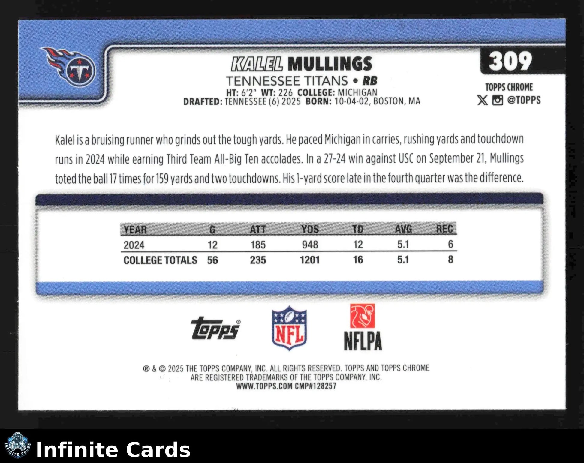 2025 Topps Chrome KALEL MULLINGS #309 X-Fractor Tennessee Titans RC - Football Card Single
