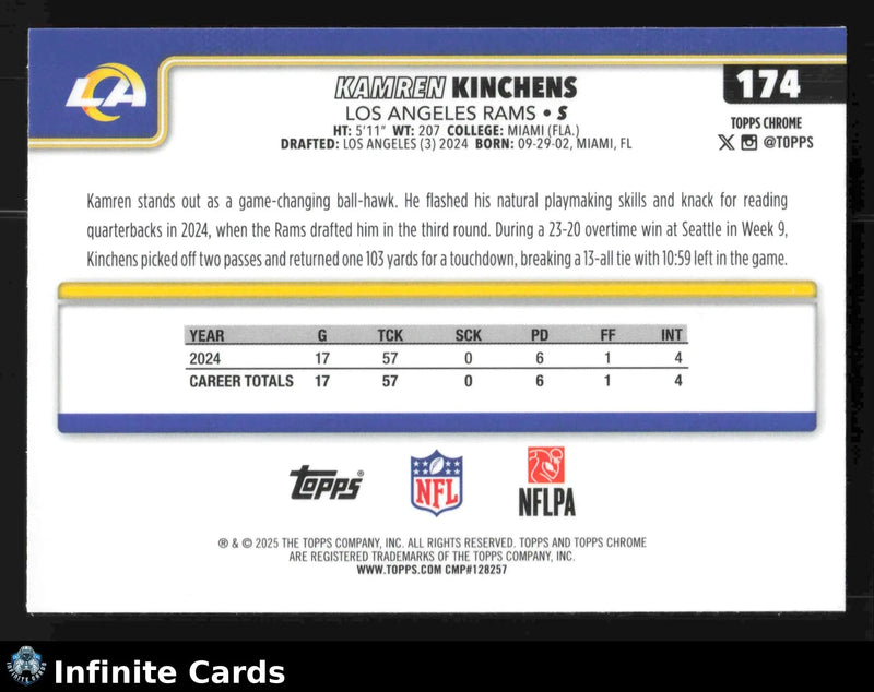 2025 Topps Chrome KAMREN KINCHENS #174 X-Fractor Los Angeles Rams RC - Football Card Single