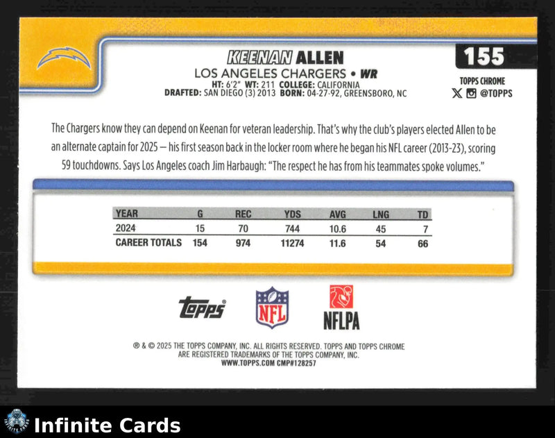 2025 Topps Chrome KEENAN ALLEN #155 Chrome Refractor Los Angeles Chargers - Football Card Single