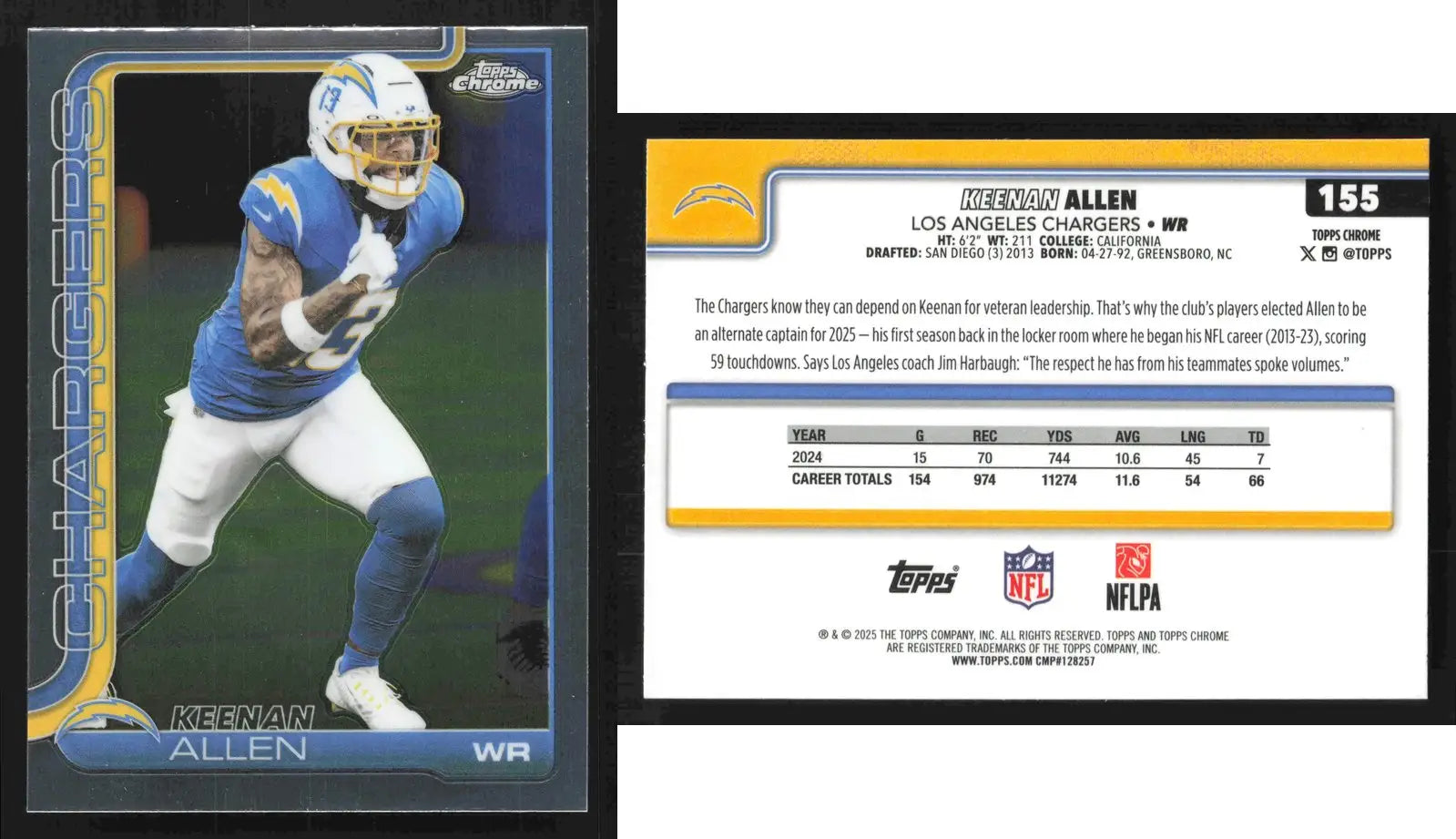 2025 Topps Chrome KEENAN ALLEN #155 Chrome Refractor Los Angeles Chargers - Football Card Single