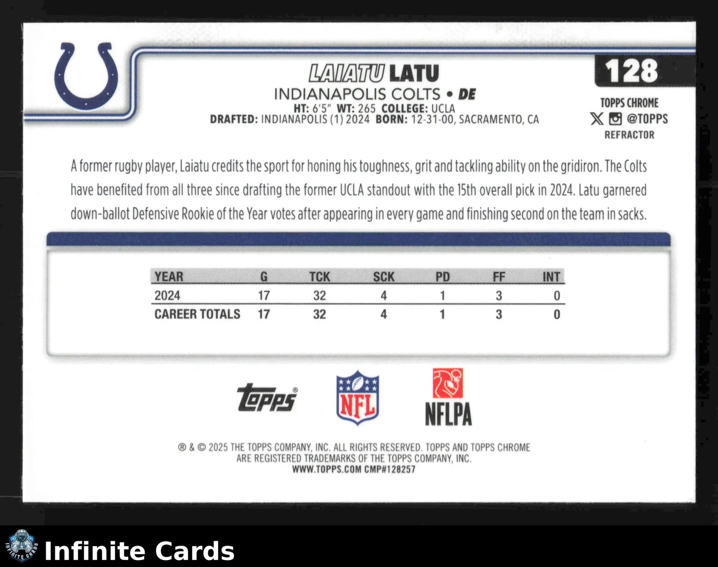 2025 Topps Chrome LAIATU LATU #128 Hot Pink X-Fractor Indianapolis Colts RC - Football Card Single