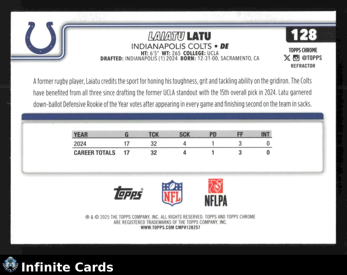 2025 Topps Chrome LAIATU LATU #128 Refractor Indianapolis Colts - Football Card Single
