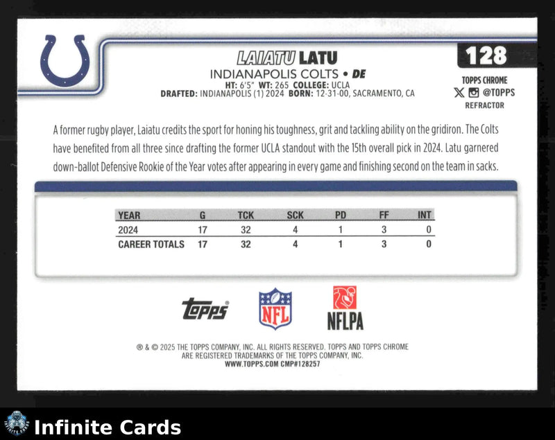 2025 Topps Chrome LAIATU LATU #128 Refractor Indianapolis Colts - Football Card Single
