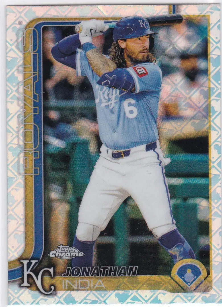 Baseball trading card of Jonathan India Kansas City Royals from 2025 Topps Chrome Logo Fractor