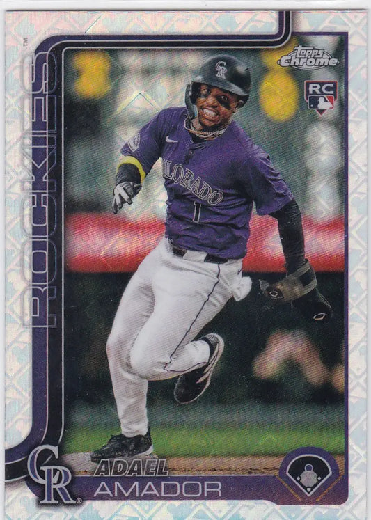 Baseball trading card featuring Adall Amador RC in Colorado Rockies Topps Chrome Logo Fractor