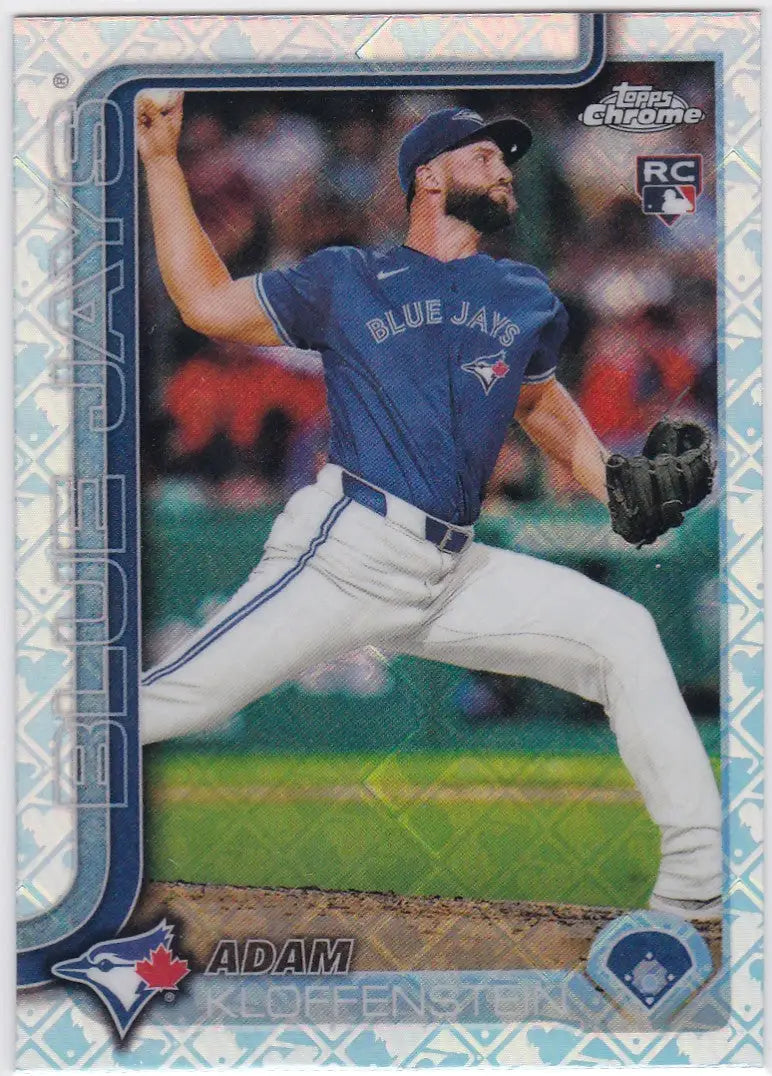 Baseball trading card featuring pitcher in blue uniform from 2025 Topps Chrome Logo Fractor Kloffenstein RC Toronto Blue Jays