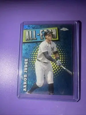 Aaron Judge baseball card in protective case from 2025 Topps Chrome Logofractor series