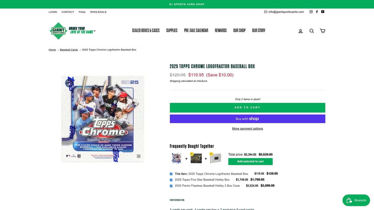 2025 Topps Chrome Logofractor baseball box with blue white design and player cards
