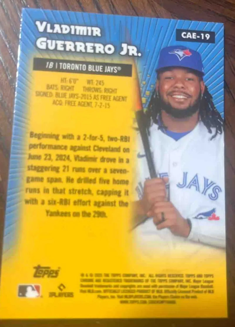 Baseball trading card featuring Vladimir Guerrero Jr. 2025 Topps Chrome LogoFractor Blue Jays