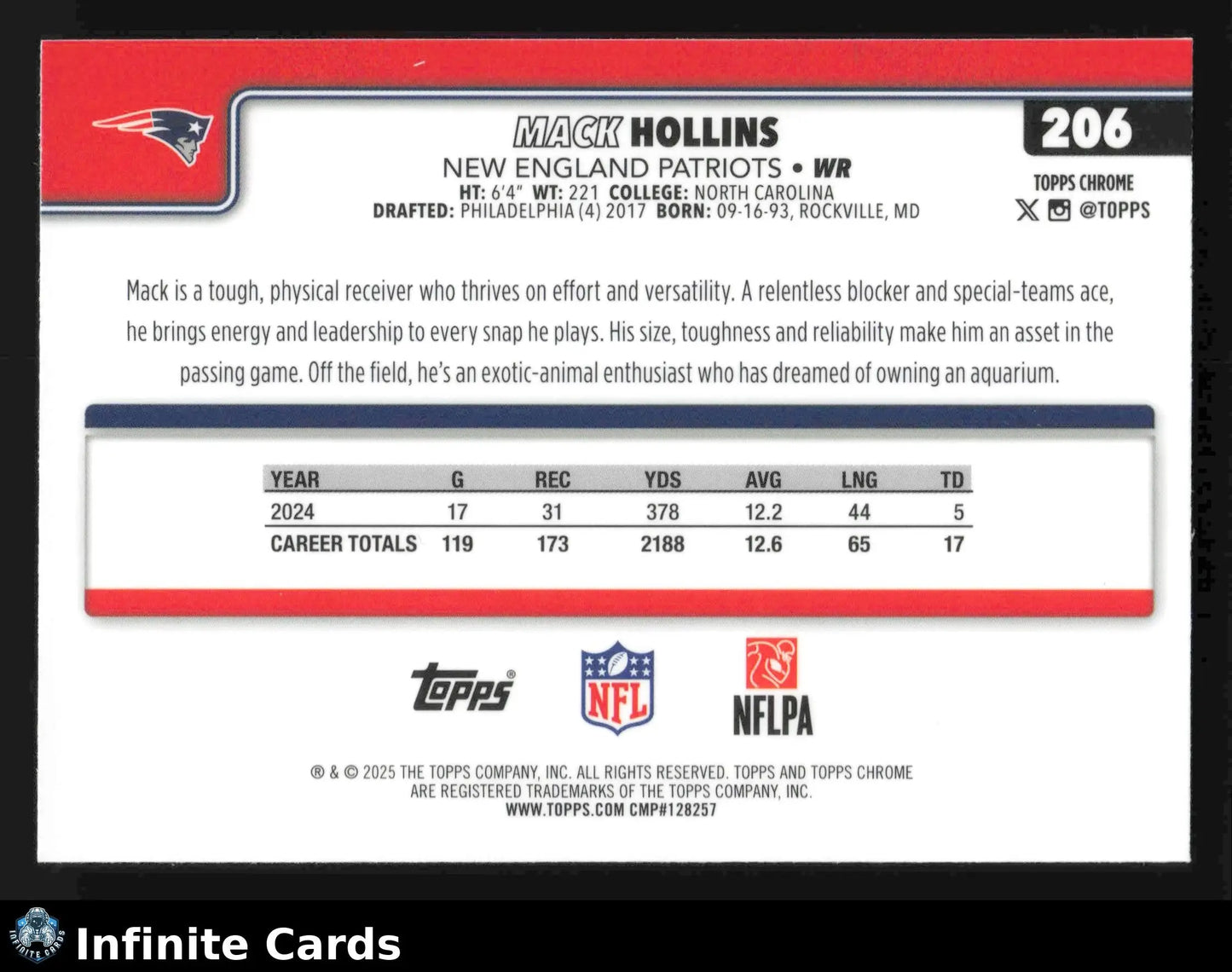 2025 Topps Chrome MACK HOLLINS #206 Chrome New England Patriots - Football Card Single