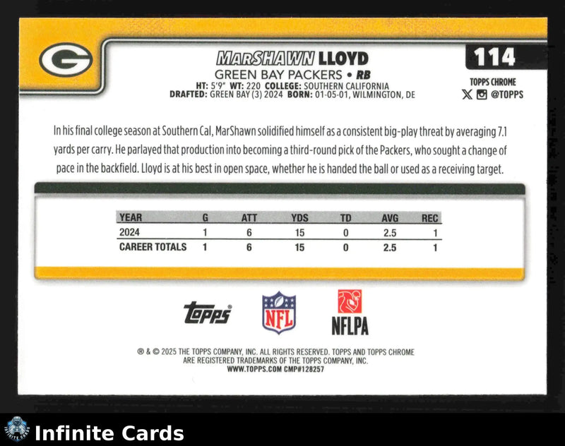2025 Topps Chrome MARSHAWN LLOYD #114 Green Bay Packers RC - Football Card Single