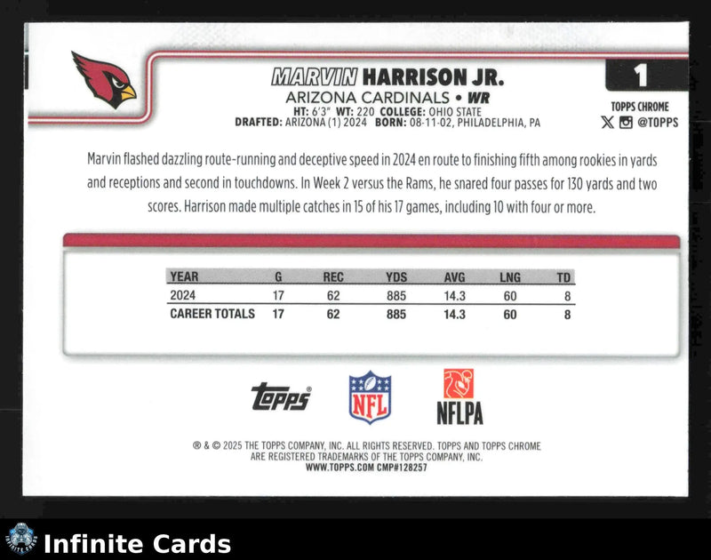 2025 Topps Chrome MARVIN HARRISON JR. #1 Hot Pink X-Fractor Arizona Cardinals RC - Football Card Single