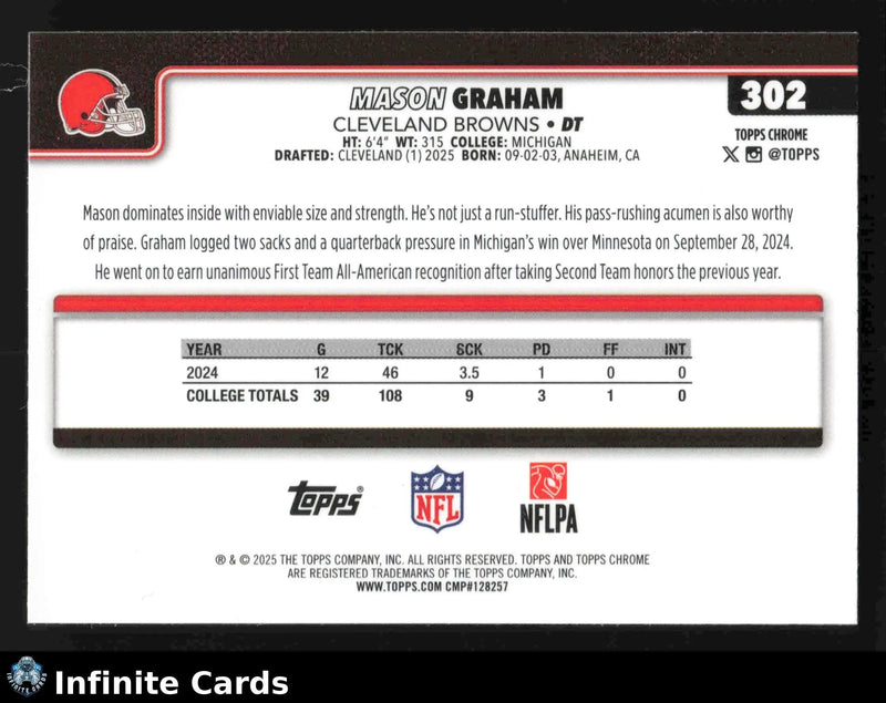 2025 Topps Chrome MASON GRAHAM #302 X-Fractor Cleveland Browns RC - Football Card Single