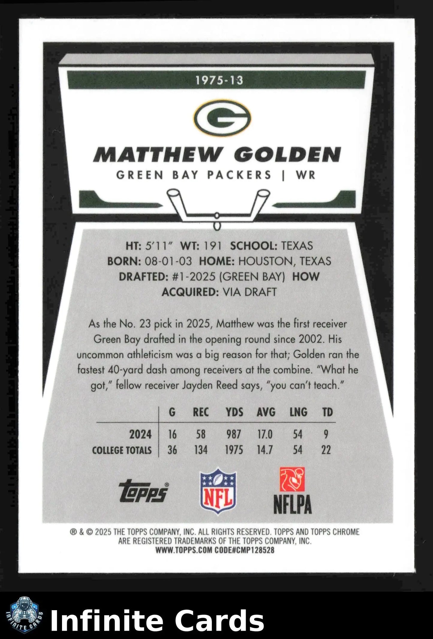2025 Topps Chrome MATTHEW GOLDEN #1975-13 1975-13 Green Bay Packers RC - Football Card Single
