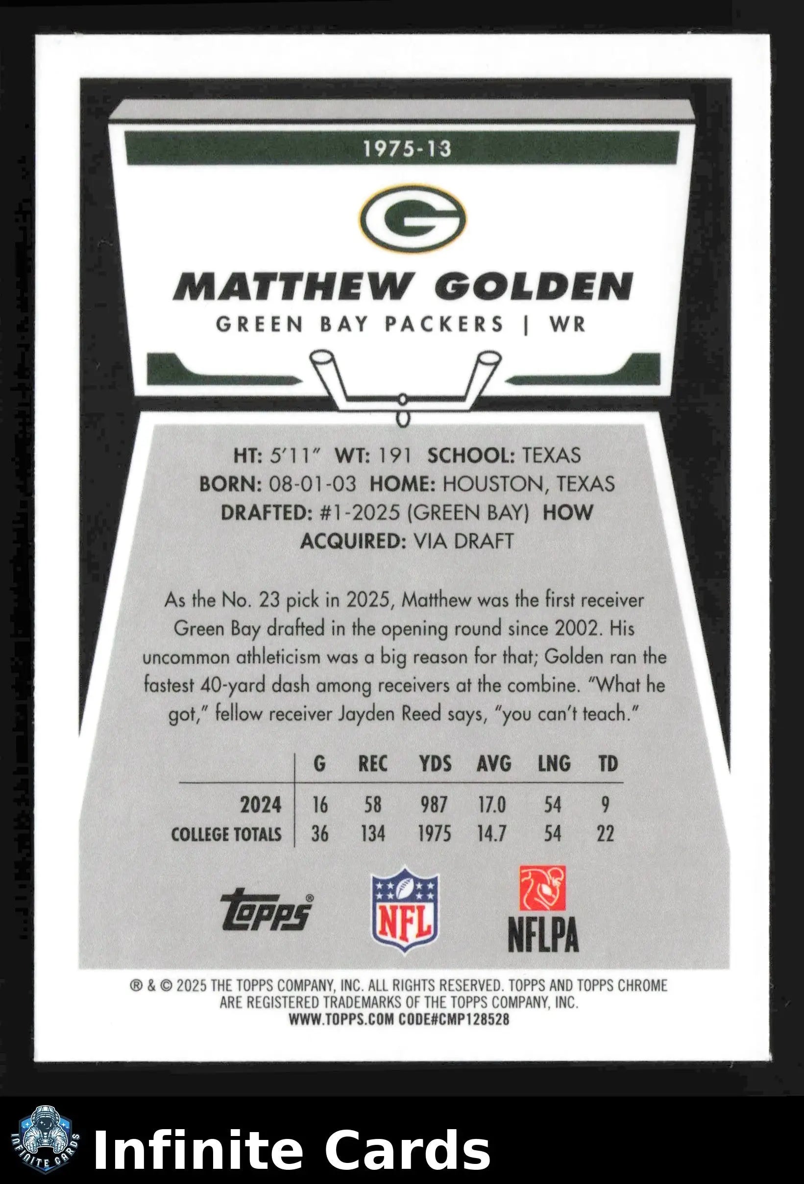 2025 Topps Chrome MATTHEW GOLDEN #1975-13 1975-13 Green Bay Packers RC - Football Card Single