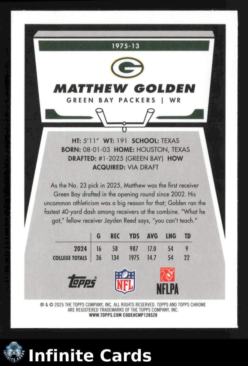 2025 Topps Chrome MATTHEW GOLDEN #1975-13 1975-13 Green Bay Packers RC - Football Card Single
