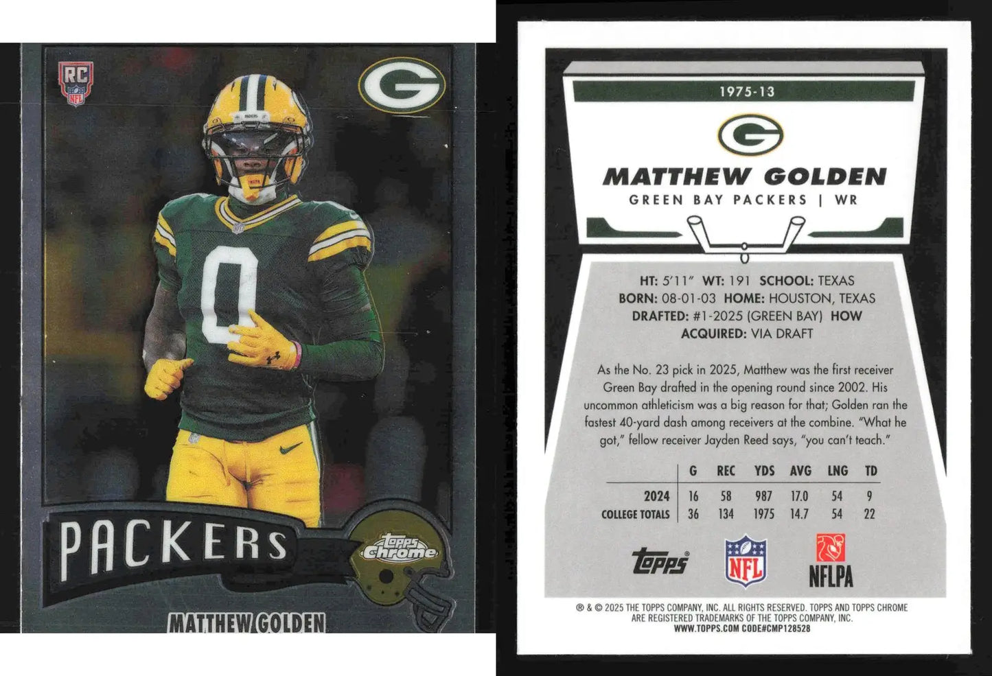 2025 Topps Chrome MATTHEW GOLDEN #1975-13 1975-13 Green Bay Packers RC - Football Card Single